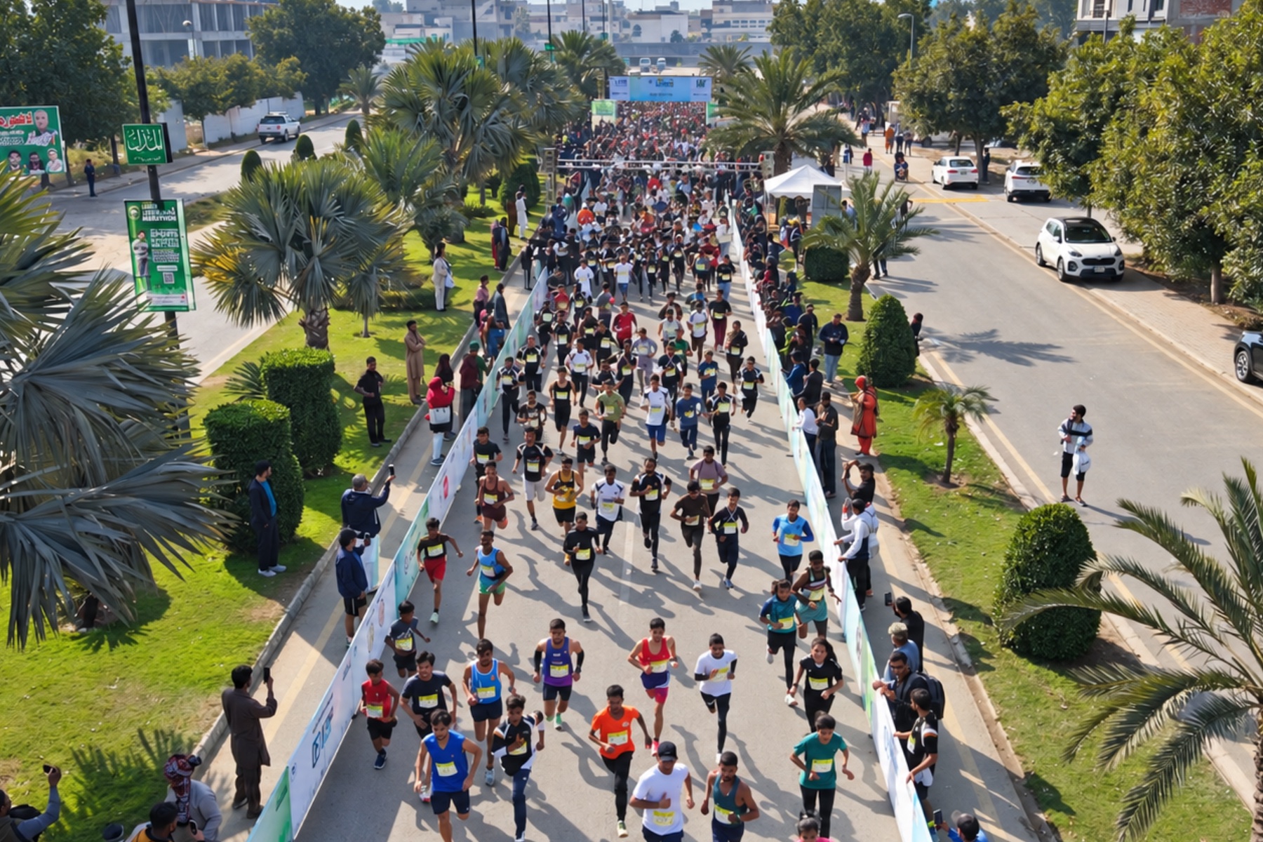 An aerial view of a large field of Lahore Marathon runners filling a tree-lined road